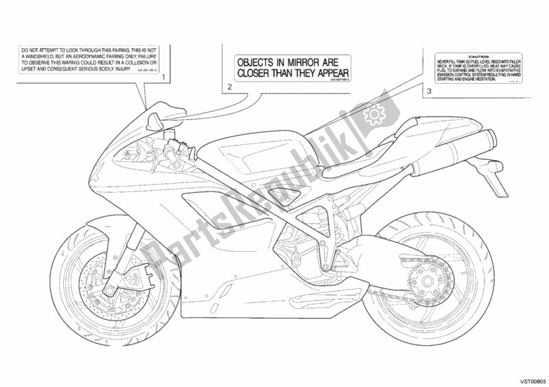 Alle onderdelen voor de Waarschuwingsetiketten van de Ducati Superbike 1198 R USA 2010